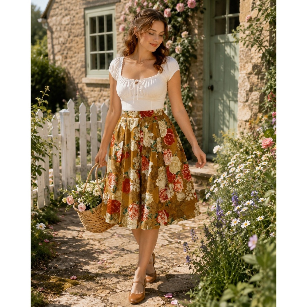 Tahari Arthur‎ S Levine Cottagecore Floral Mustard A-Line Pleated Skirt 12